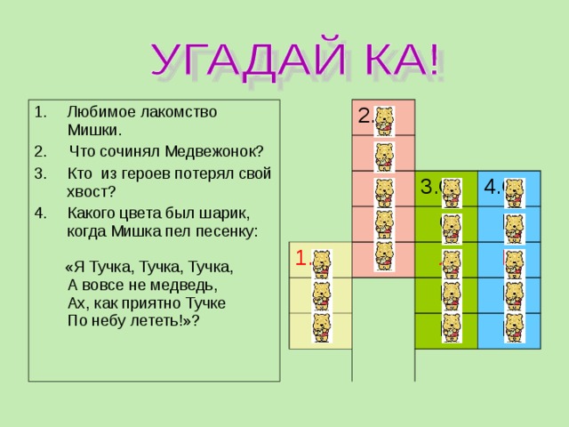 Любимое лакомство Мишки. 2. Что сочинял Медвежонок? Кто из героев потерял свой хвост? Какого цвета был шарик, когда Мишка пел песенку:  «Я Тучка, Тучка, Тучка,  А вовсе не медведь,  Ах, как приятно Тучке  По небу лететь!»?   2.П  Е  С  Н 3.О 1.М  Ё  И 4.С  С  И  Л  Д  Н  И  И  К  Й 