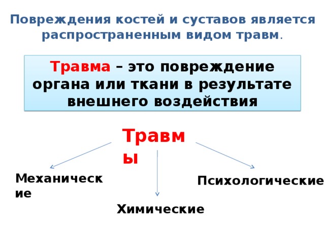 Повреждения костей и суставов является распространенным видом травм . Травма  – это повреждение органа или ткани в результате внешнего воздействия Травмы Механические Психологические Химические 