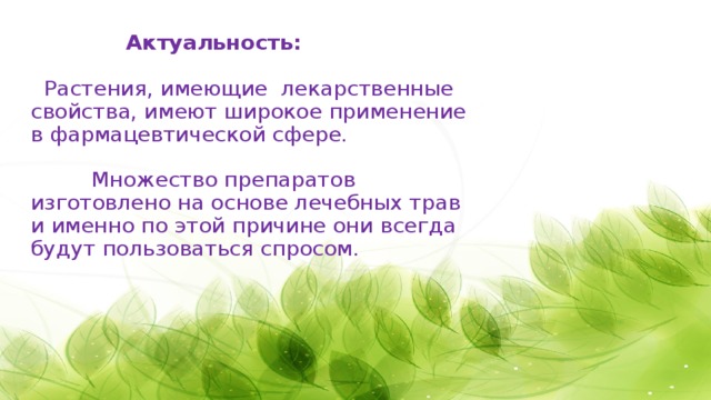  Актуальность:    Растения, имеющие лекарственные свойства, имеют широкое применение в фармацевтической сфере. Множество препаратов изготовлено на основе лечебных трав и именно по этой причине они всегда будут пользоваться спросом.   