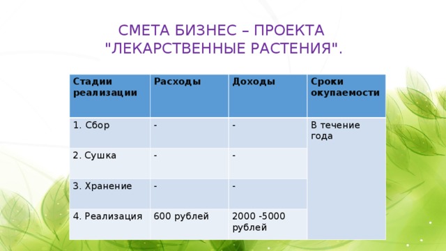  СМЕТА БИЗНЕС – ПРОЕКТА  
