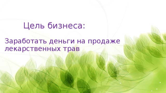  Цель бизнеса:   Заработать деньги на продаже лекарственных трав 