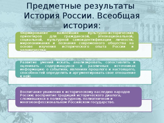 Предметные результаты   История России. Всеобщая история: Формирование важнейших культурно-исторических ориентиров для гражданской, этнонациональной, социальной, культурной самоидентификации личности, миропонимания и познания современного общества на основе изучения исторического опыта России и человечества; Развитие умений искать, анализировать, сопоставлять и оценивать содержащуюся в различных источниках информацию о событиях, явлениях прошлого и настоящего, способностей определять и аргументировать свое отношение к ней; Воспитание уважения к историческому наследию народов России; восприятие традиций исторического диалога, сложившихся в поликультурном, полиэтничном и многоконфессиональном Российском государстве. 