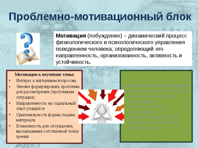 Проблемно-мотивационный блок Мотивация (побуждение) – динамический процесс физиологического и психологического управления поведением человека, определяющий его направленность, организованность, активность и устойчивость. Мотивация к изучению темы: Способы проведения мотивации: Интерес к изучаемым вопросам; Умение формулировать проблемы для рассмотрения (проблемная ситуация); Направленность на социальный опыт учащихся Оригинальность формы подачи материала Возможность для обсуждения, высказывания собственной точки зрения  Создание проблемной ситуации;  Работа с высказыванием  афоризмом); Работа с понятиями (терминами); Анализ документа (текста); Графическое изображение, рисунок, картина 