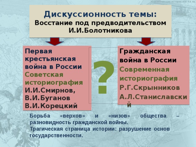 Дискуссионность темы:  Восстание под предводительством И.И.Болотникова Первая крестьянская война в России Советская Гражданская война в России историография И.И.Смирнов, Современная историография В.И.Буганов В.И.Корецкий Р.Г.Скрынников А.Л.Станиславский ?  Борьба «верхов» и «низов» общества – разновидность гражданской войны. Трагическая страница истории: разрушение основ государственности.    
