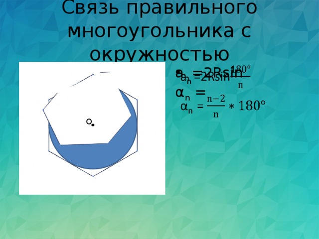 Связь правильного многоугольника с окружностью a n =2Rsin   α n = O 