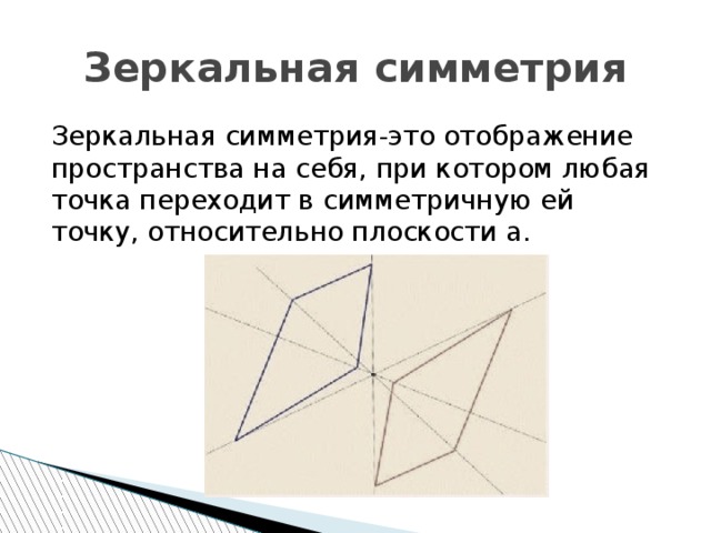 Зеркальная симметрия Зеркальная симметрия-это отображение пространства на себя, при котором любая точка переходит в симметричную ей точку, относительно плоскости а. 
