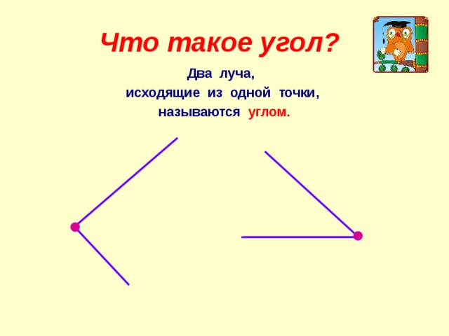 Что такое угол?  Два луча, исходящие из одной точки, называются  углом.  