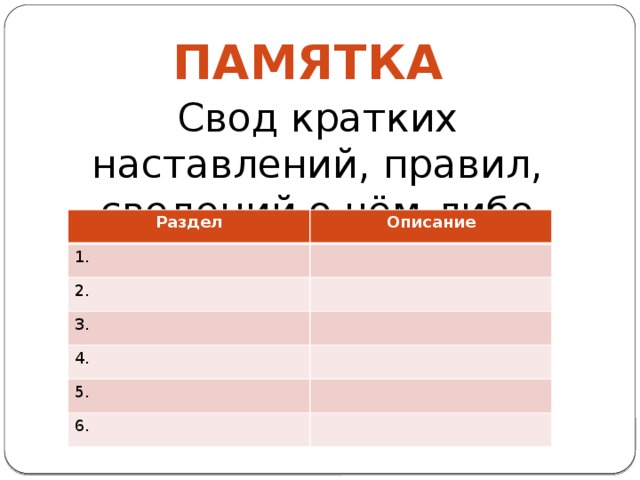 Памятка Свод кратких наставлений, правил, сведений о чём-либо Раздел 1. Описание 2. 3. 4. 5. 6. 