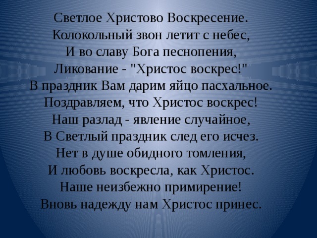 Светлое Христово Воскресение.  Колокольный звон летит с небес,  И во славу Бога песнопения,  Ликование - 