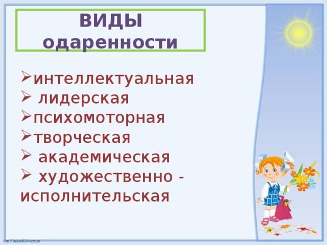 ВИДЫ одаренности интеллектуальная  лидерская психомоторная творческая  академическая  художественно - исполнительская 