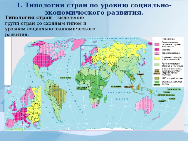 1. Типология стран по уровню социально-экономического развития. Типология стран  – выделение групп стран со сходным типом и уровнем социально-экономического развития. 