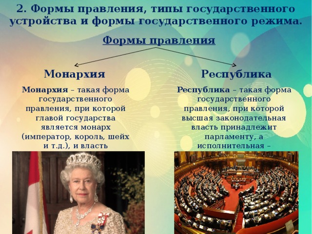 2. Формы правления, типы государственного устройства и формы государственного режима. Формы правления Монархия Республика Монархия – такая форма государственного правления, при которой  главой государства  является монарх (император, король, шейх и т.д.), и власть передается по наследству. Республика – такая форма государственного правления, при которой высшая законодательная власть принадлежит парламенту, а исполнительная – правительству. 
