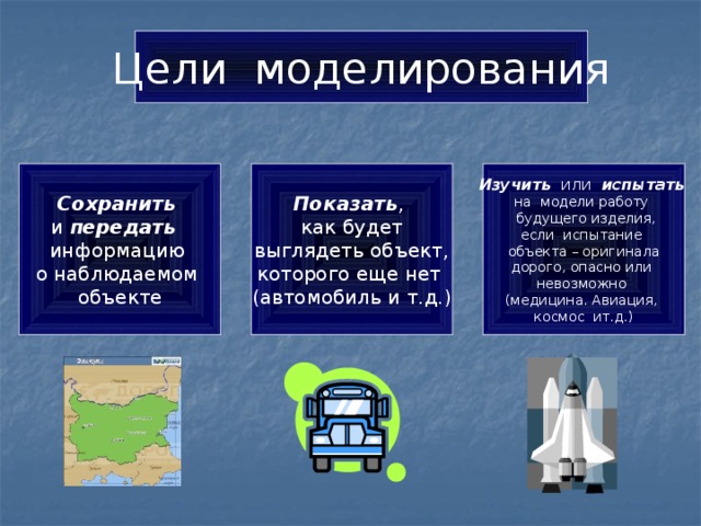 Цели моделирования Сохранить  Показать , Изучить  или испытать  и передать  как будет на модели работу  будущего изделия, информацию  выглядеть объект, которого еще нет о наблюдаемом если испытание  объекта – оригинала (автомобиль и т.д.) объекте  дорого, опасно или невозможно (медицина. Авиация, космос ит.д.) 