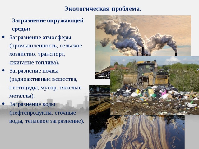 Экологическая проблема. Загрязнение окружающей среды: Загрязнение атмосферы (промышленность, сельское хозяйство, транспорт, сжигание топлива). Загрязнение почвы (радиоактивные вещества, пестициды, мусор, тяжелые металлы). Загрязнение воды (нефтепродукты, сточные воды, тепловое загрязнение). 