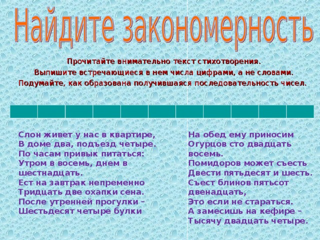 Прочитайте внимательно текст стихотворения. Выпишите встречающиеся в нем числа цифрами, а не словами. Подумайте, как образована получившаяся последовательность чисел. Слон живет у нас в квартире, В доме два, подъезд четыре. По часам привык питаться: Утром в восемь, днем в шестнадцать. Ест на завтрак непременно Тридцать две охапки сена. После утренней прогулки – Шестьдесят четыре булки На обед ему приносим Огурцов сто двадцать восемь. Помидоров может съесть Двести пятьдесят и шесть. Съест блинов пятьсот двенадцать, Это если не стараться. А замесишь на кефире – Тысячу двадцать четыре. 