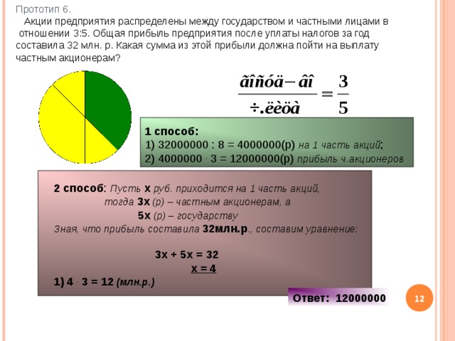 Прототип 6.    Акции предприятия распределены между государством и частными лицами в  отношении 3:5. Общая прибыль предприятия после уплаты налогов за год составила 32 млн. р. Какая сумма из этой прибыли должна пойти на выплату частным акционерам? 1 способ: 1) 32000000 : 8 = 4000000(р) на 1 часть акций ; 2) 4000000 . 3 = 12000000(р) прибыль ч.акционеров 2 способ : Пусть  х  руб. приходится на 1 часть акций,  тогда 3х (р) – частным акционерам, а  5х (р) – государству Зная, что прибыль составила 32млн.р ., составим уравнение:   3х + 5х = 32  х = 4 1) 4 . 3 = 12 (млн.р.) 11 Ответ: 12000000 