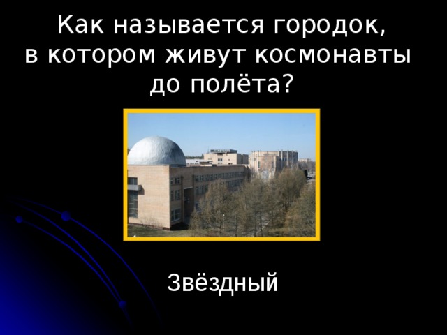Как называется городок, в котором живут космонавты до полёта? Звёздный 