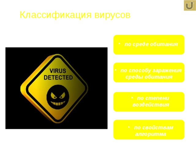 Классификация вирусов  по среде обитания  по  способу заражения среды обитания  по степени воздействия  по свойствам алгоритма 