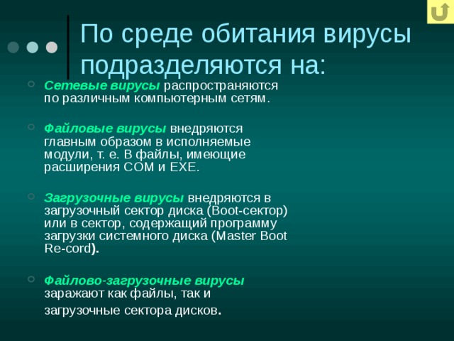 По среде обитания вирусы подразделяются на: Сетевые вирусы  распространяются по различным компьютерным сетям. Файловые вирусы внедряются главным образом в исполняемые модули, т. е. В файлы, имеющие расширения COM и EXE. Загрузочные вирусы внедряются в загрузочный сектор диска (Boot-сектор) или в сектор, содержащий программу загрузки системного диска (Master Boot Re-cord ).  Файлово-загрузочные вирусы заражают как файлы, так и загрузочные сектора дисков . 
