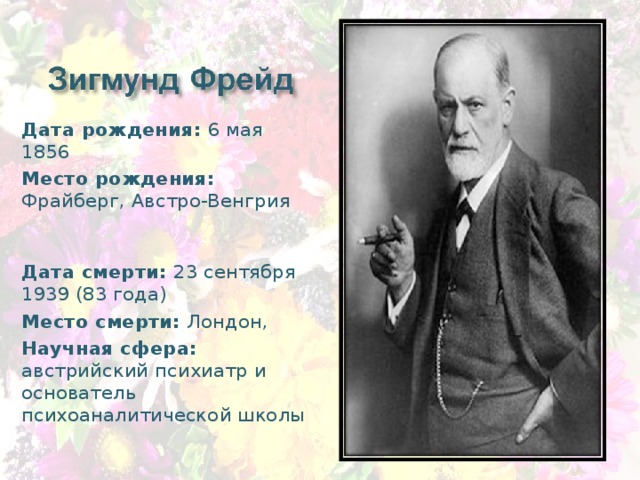 Дата рождения: 6 мая 1856 Место рождения: Фрайберг, Австро-Венгрия Дата смерти: 23 сентября 1939 (83 года) Место смерти: Лондон, Научная сфера: австрийский психиатр и основатель психоаналитической школы 