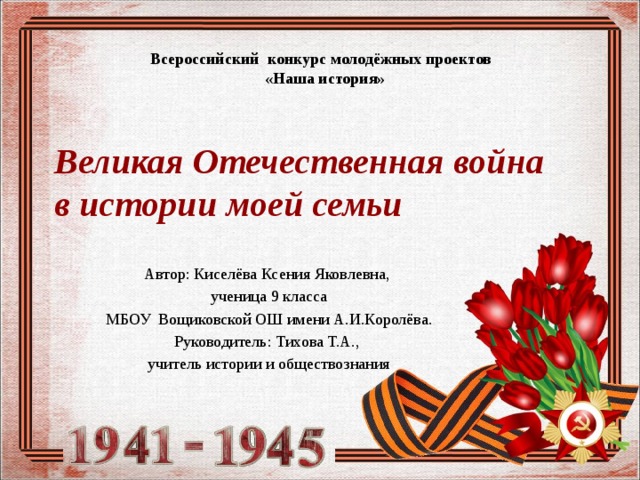 Всероссийский конкурс молодёжных проектов «Наша история» Великая Отечественная война  в истории моей семьи Автор: Киселёва Ксения Яковлевна, ученица 9 класса МБОУ Вощиковской ОШ имени А.И.Королёва. Руководитель: Тихова Т.А., учитель истории и обществознания 
