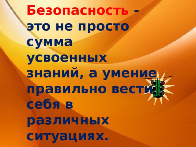 Безопасность - это не просто сумма усвоенных знаний, а умение правильно вести себя в различных ситуациях. 