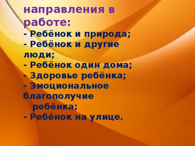 Основные направления в работе: - Ребёнок и природа; - Ребёнок и другие люди; - Ребёнок один дома; - Здоровье ребёнка; - Эмоциональное благополучие  ребёнка; - Ребёнок на улице. 