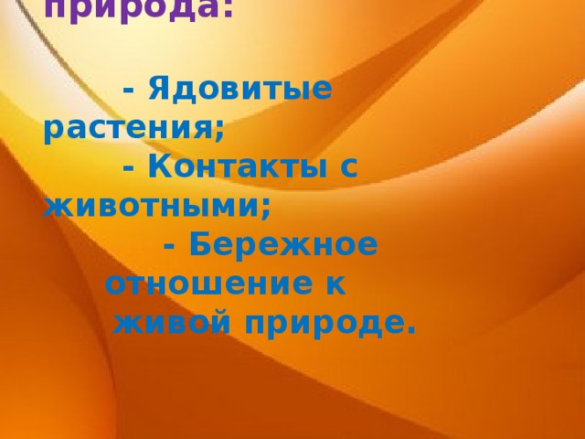  Ребёнок и природа:   - Ядовитые растения;  - Контакты с животными;  - Бережное отношение к живой природе. 