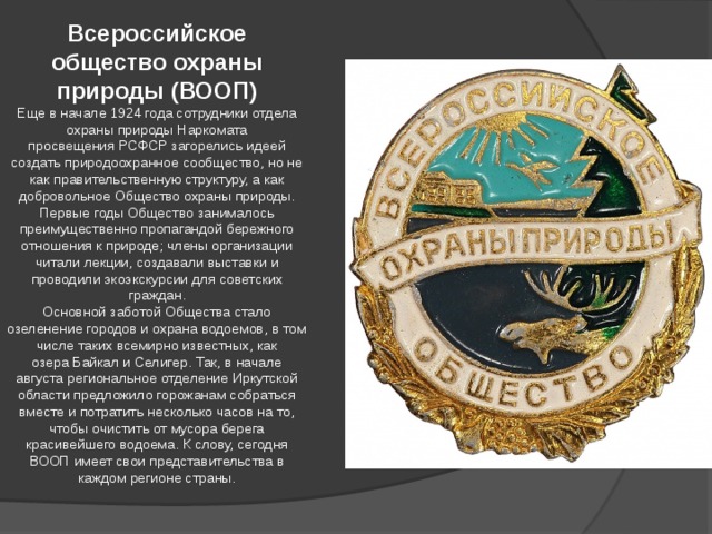Всероссийское общество охраны природы (ВООП) Еще в начале 1924 года сотрудники отдела охраны природы Наркомата просвещения РСФСР загорелись идеей создать природоохранное сообщество, но не как правительственную структуру, а как добровольное Общество охраны природы. Первые годы Общество занималось преимущественно пропагандой бережного отношения к природе; члены организации читали лекции, создавали выставки и проводили экоэкскурсии для советских граждан. Основной заботой Общества стало озеленение городов и охрана водоемов, в том числе таких всемирно известных, как озера Байкал и Селигер. Так, в начале августа региональное отделение Иркутской области предложило горожанам собраться вместе и потратить несколько часов на то, чтобы очистить от мусора берега красивейшего водоема. К слову, сегодня ВООП имеет свои представительства в каждом регионе страны. 