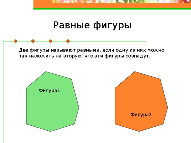 Равные фигуры Две фигуры называют равными, если одну из них можно так наложить на вторую, что эти фигуры совпадут. Фигура1 Фигура2 