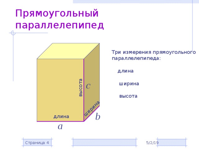 ширина высота Прямоугольный параллелепипед Три измерения прямоугольного параллелепипеда: длина с ширина высота b длина а Страница  5/2/19 