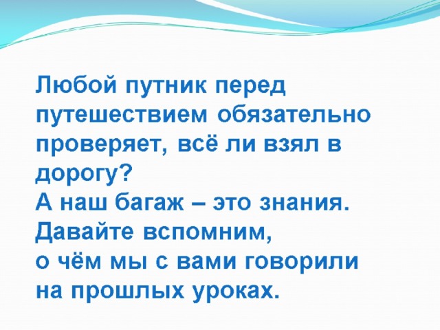 Любой путник перед путешествием обязательно проверяет, всё ли взял в дорогу?  А наш багаж – это знания.  Давайте вспомним,  о чём мы с вами говорили  на прошлых уроках. 