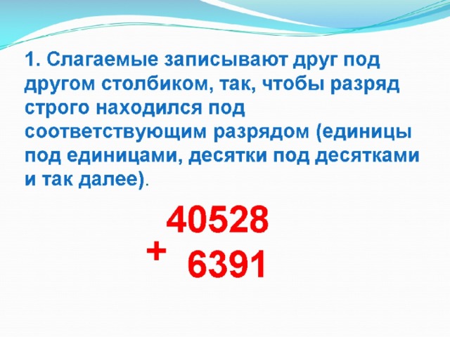 1. Слагаемые записывают друг под другом столбиком, так, чтобы разряд строго находился под соответствующим разрядом (единицы под единицами, десятки под десятками и так далее) .  