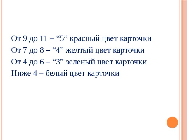 От 9 до 11 – “5” красный цвет карточки От 7 до 8 – “4” желтый цвет карточки От 4 до 6 – “3” зеленый цвет карточки Ниже 4 – белый цвет карточки 