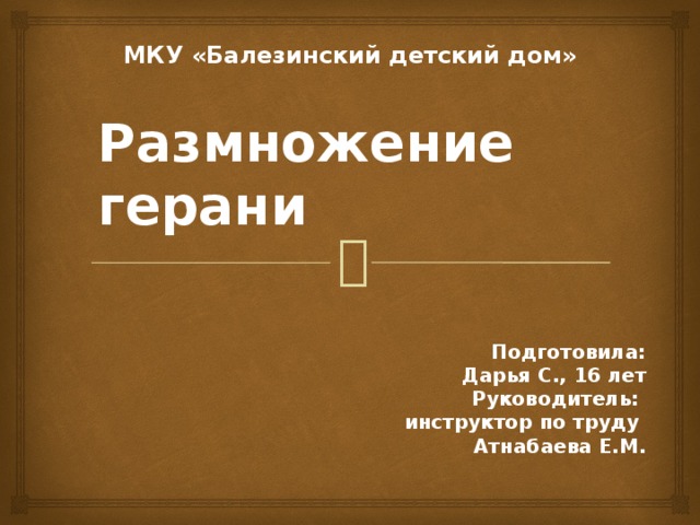 МКУ «Балезинский детский дом» Размножение герани   Подготовила: Дарья С., 16 лет Руководитель: инструктор по труду Атнабаева Е.М. 