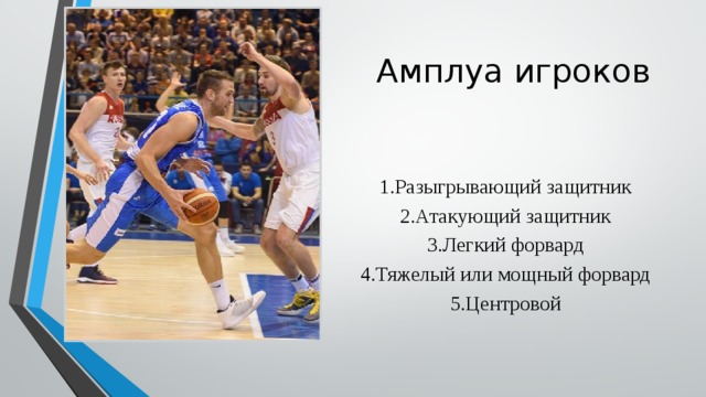 Амплуа игроков 1.Разыгрывающий защитник 2.Атакующий защитник 3.Легкий форвард 4.Тяжелый или мощный форвард 5.Центровой 