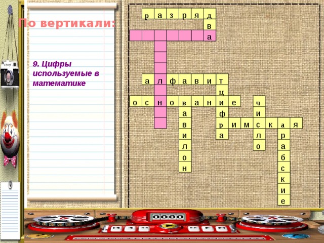 а я з р я д р д р з а р По вертикали: в в а а 9. Цифры используемые в математике  т в а ф а в л и л и а ф а т ц ц е н о в а н о с и е н и о о н а в с ч ч и ф а и ф а в в с к р р м и с к а я и я а м а а и л р и р л о о а л л а о о б б с с н н к к и и е е 
