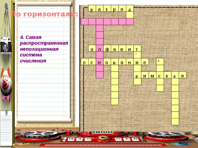 р я з р я д а д р з а р По горизонтали: 4. Самая распространенная непозиционная система счисления  т а ф а и л и в л в а ф а т 7 7 е н о в а н о с и е н и о о н а в с 8 8 с к р 4 9 и я а м 7 