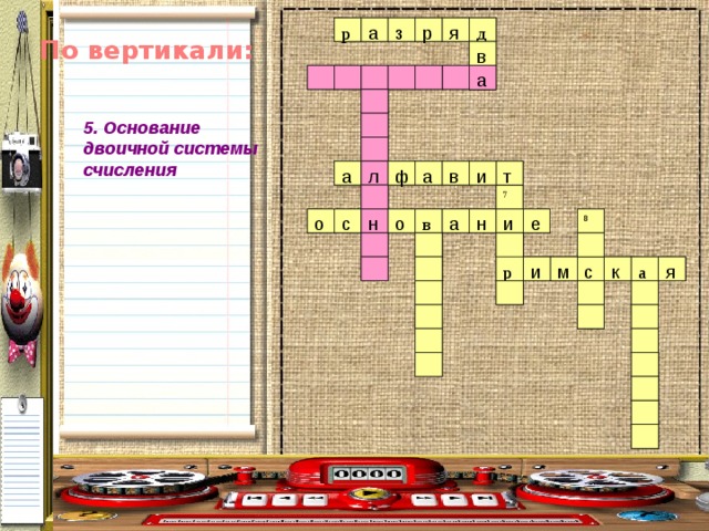 а я р р я д з д р з а р По вертикали: в а 5. Основание двоичной системы счисления  т а ф а и л и в л в а ф а т 7 7 е н о в а н о с и е н и о о н а в с 8 8 с к р р м и с к а я и я а м 