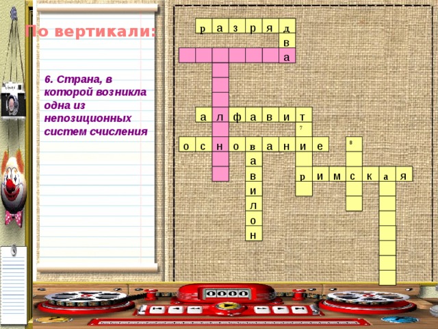 а я р р я д з д р з а р По вертикали: в в а а 6. Страна, в которой возникла одна из непозиционных систем счисления  т а ф а и л и в л в а ф а т 7 7 е н о в а н о с и е н и о о н а в с 8 8 а в с к р р м и с к а я и я а м и л о н 