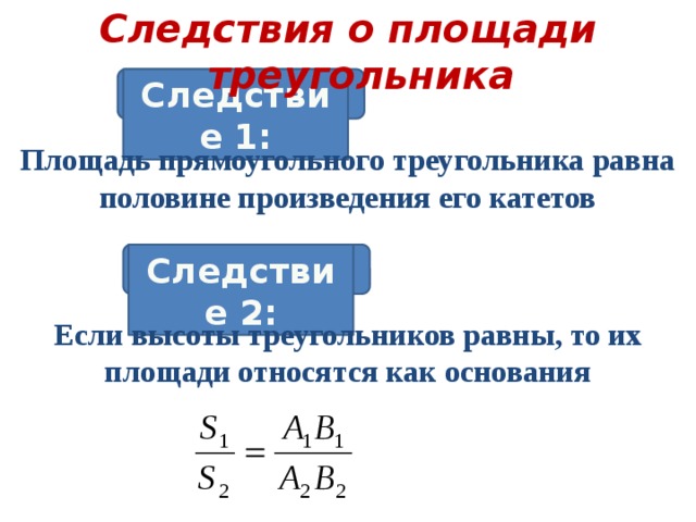 Следствия о площади треугольника Следствие 1: Площадь прямоугольного треугольника равна половине произведения его катетов Следствие 2: Если высоты треугольников равны, то их площади относятся как основания 