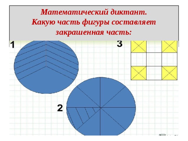 Математический диктант.  Какую часть фигуры составляет закрашенная часть:   