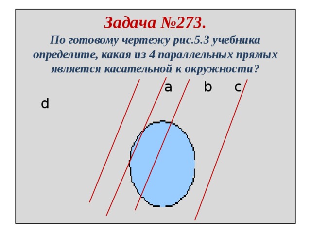 Задача №273.  По готовому чертежу рис.5.3 учебника определите, какая из 4 параллельных прямых является касательной к окружности?  a b c d 