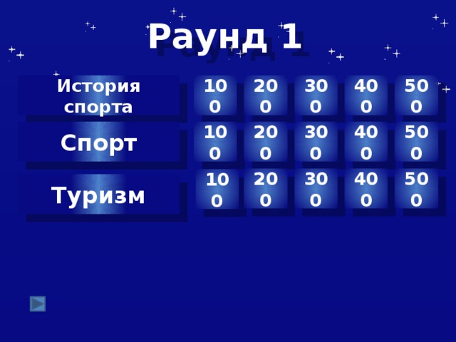 Раунд 1 100 История спорта 300 400 500 200 100 200 300 400 500 Спорт 200 500 400 300 100 Туризм Автор шаблона Салиш С.С., учитель начальных классов СШ №53 г. Актобе.  