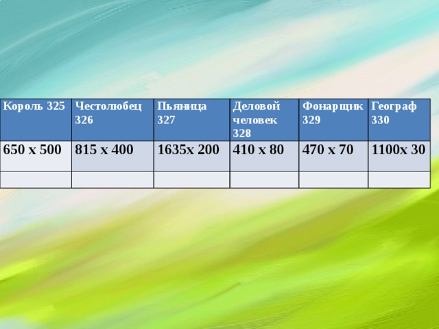 Король 325 Честолюбец 650 x 500 326 815 x 400 Пьяница  327 Деловой человек 328 1635x 200 410 x 80 Фонарщик 329 470 х 70 Географ 330 1100х 30 