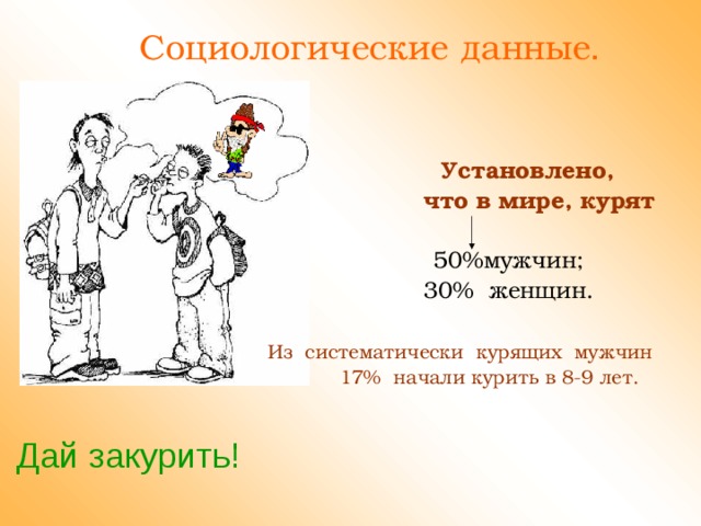 Социологические данные .    Установлено,  что в мире, курят   50%мужчин;  30% женщин.  Из систематически курящих мужчин  17% начали курить в 8-9 лет. Дай закурить! 