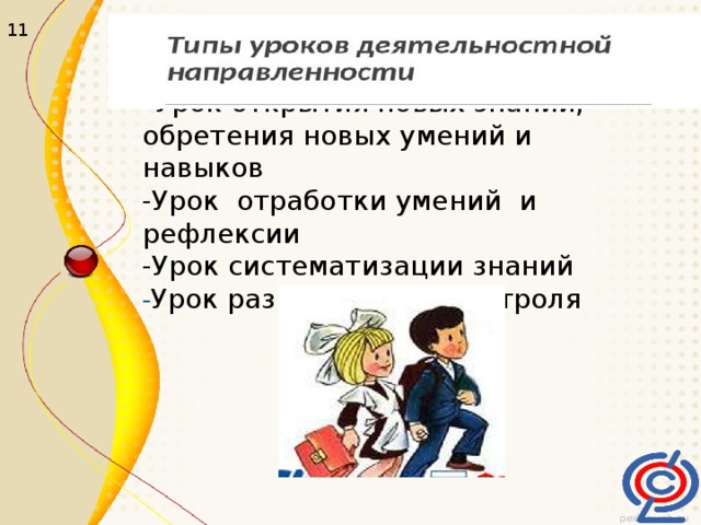 11 Урок открытия новых знаний, обретения новых умений и навыков  -Урок отработки умений и рефлексии  -Урок систематизации знаний  - Урок развивающего контроля  