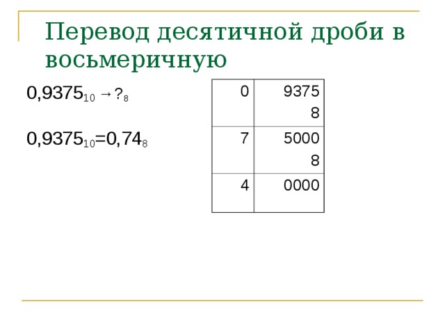 Перевод десятичной дроби в восьмеричную 0,9375 10 →? 8 0,9375 10 = 0,74 8 0 9375 8 7 5000 8 4 0000 