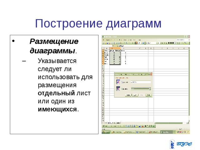Построение диаграмм Размещение диаграммы . Указывается следует ли использовать для размещения отдельный лист или один из имеющихся . Указывается следует ли использовать для размещения отдельный лист или один из имеющихся . 