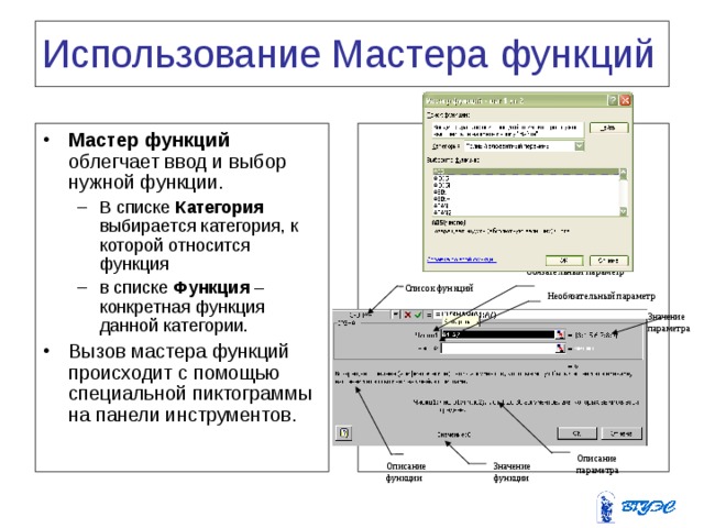 Использование Мастера функций  Мастер функций облегчает ввод и выбор нужной функции. В списке Категория выбирается категория, к которой относится функция в списке Функция – конкретная функция данной категории. В списке Категория выбирается категория, к которой относится функция в списке Функция – конкретная функция данной категории. Вызов мастера функций происходит с помощью специальной пиктограммы на панели инструментов. Обязательный параметр Список функций Необязательный параметр Значение параметра Описание параметра Значение функции Описание функции 